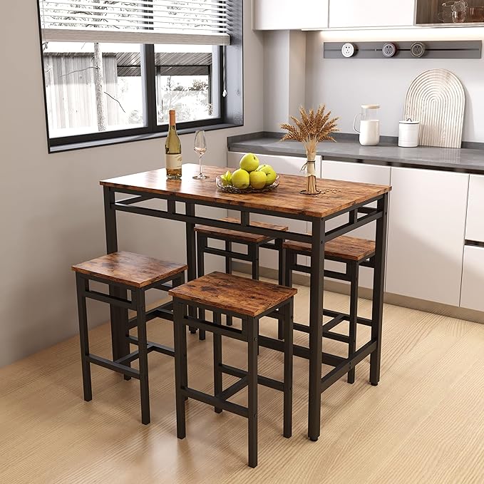 NicBex Dining Table Set for 4 Kitchen Table Set Bar Table Set 5Pc Dinging Table Set with High Stools for Dining Room, Small Space, Apartment, Structural Strengthening, Industrial Style, Rustic Brown - LeafyLoom