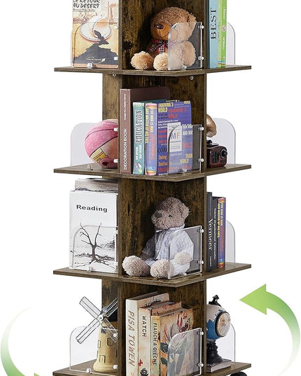 VECELO 4-Tier Rolling Bookshelf, Mobile Book Rack with Acrylic Windows, Storage Organizer Holder with Wheels for Bedroom, Living Room Home and Office, Space Saving, Brown - LeafyLoom