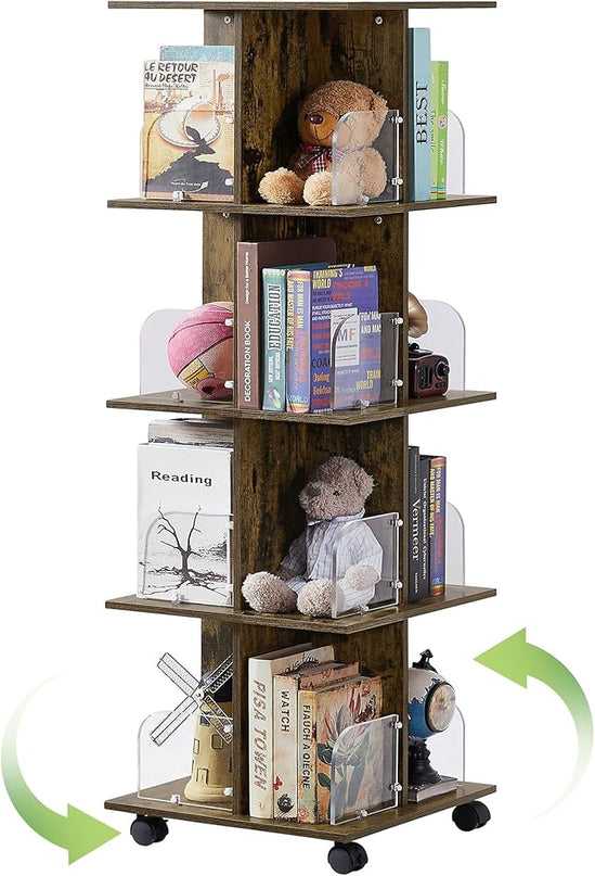 VECELO 4-Tier Rolling Bookshelf, Mobile Book Rack with Acrylic Windows, Storage Organizer Holder with Wheels for Bedroom, Living Room Home and Office, Space Saving, Brown - LeafyLoom