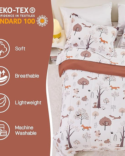 Kids Woodland Comforter Set for Boys Girls Twin Size, Cute Reversible Quilted Forest Animal Print Fall Bedding with Pillow Sham, Lightweight Soft Breathable Machine Camping Themed Bed Set 2 Piece - LeafyLoom