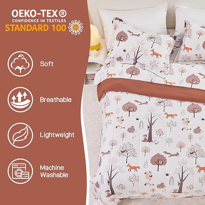 Kids Comforter Set for Boys Girls Full Size, Cute Reversible Quilted Woodland Forest Animal Print Fall Bedding with Pillow Sham, Lightweight Soft Breathable Machine Camping Themed Bed Set 3 Piece - LeafyLoom