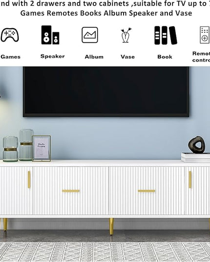 67 Inch TV Stand, Modern Television Stands with 2 Drawers and 2 Cabinets, Stylish Entertainment Center with 5 Champagne Legs for Living Room and Bedroom, White - LeafyLoom