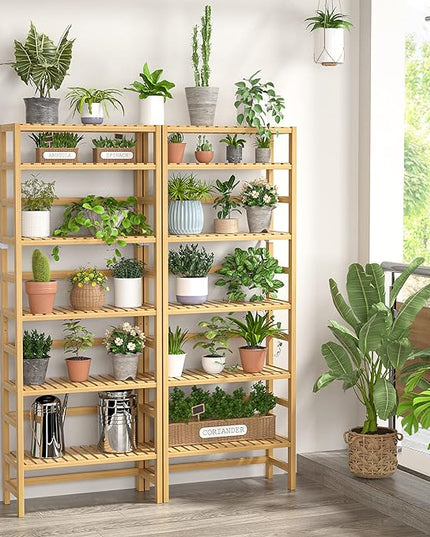 Homykic Bookshelf, 6-Tier Bamboo Adjustable 63.4” Tall Bookcase Book Shelf Organizer, Free Standing Storage Shelving Unit for Living Room, Kitchen, Bedroom, Bathroom, Office, Rust Resistance, Natural - LeafyLoom
