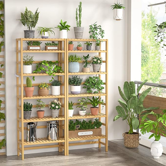 Homykic Bookshelf, 6-Tier Bamboo Adjustable 63.4” Tall Bookcase Book Shelf Organizer, Free Standing Storage Shelving Unit for Living Room, Kitchen, Bedroom, Bathroom, Office, Rust Resistance, Natural - LeafyLoom