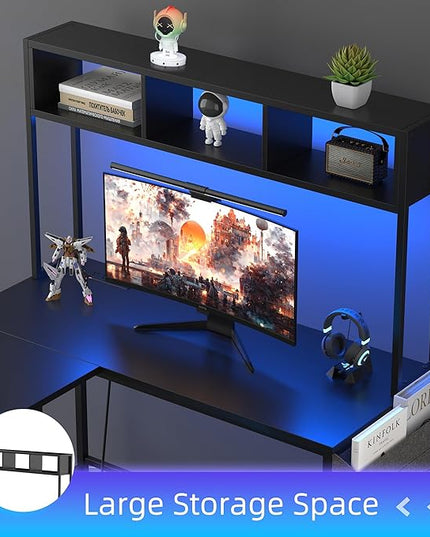 Shintenchi 66" L Shaped Home Office Desk, Reversible Gaming Desk with LED Lights and Power Outlet, Computer Desk with Keyboard Tray, Hook, Storage Bag and Shelf for Home Office, Black - LeafyLoom
