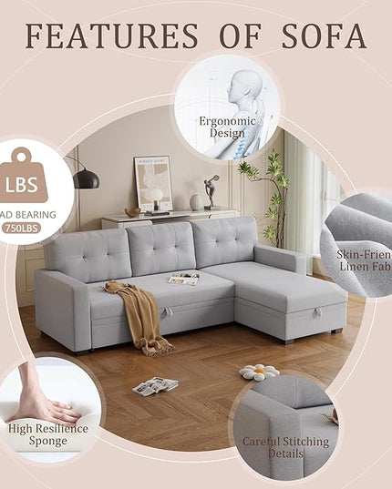 82'' L Shape Sectional Sleeper Sofa with Pull Storage Chaise,Upholstered Convertible Corner Couch Bed W/ 3 Removable Back Cushions and Armrest for Living Room,Office,Light Grey, 82" - LeafyLoom