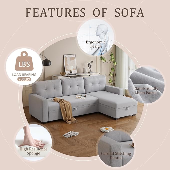 82'' L Shape Sectional Sleeper Sofa with Pull Storage Chaise,Upholstered Convertible Corner Couch Bed W/ 3 Removable Back Cushions and Armrest for Living Room,Office,Light Grey, 82" - LeafyLoom