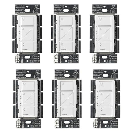 Lutron Caseta Original Smart Dimmer Switch (Lutron Smart Hub Required), for LED Lights, 150 Watt, Single-Pole/3-Way, No Neutral Required, PD-6WCL-WH 6-PACK, White, 6 Pack Lutron