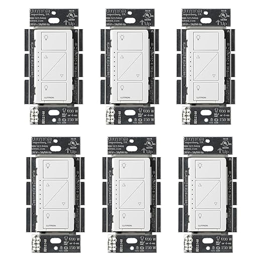Lutron Caseta Original Smart Dimmer Switch (Lutron Smart Hub Required), for LED Lights, 150 Watt, Single-Pole/3-Way, No Neutral Required, PD-6WCL-WH 6-PACK, White, 6 Pack Lutron