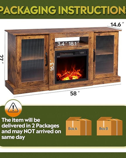 WLIVE Fireplace TV Stand for 65" TV, Entertainment Center with 18 Inch Electric Fireplace, TV Console with Open Shelves for Living Room and Bedroom, Rustic Brown - LeafyLoom