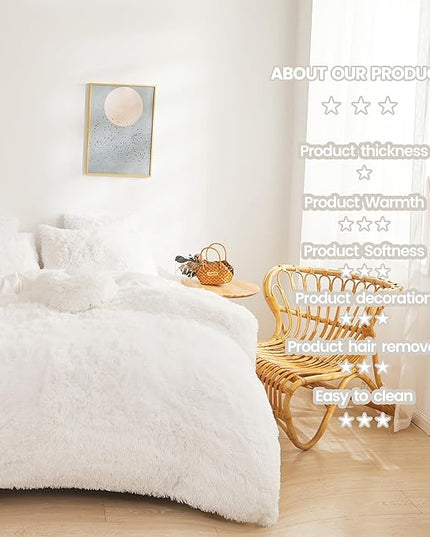FOPPA Luxury Faux Fur Comforter Cover Set Ultra Soft Plush Bedding Sets 3 Pieces (1 Faux Fur Duvet Cover + 2 Faux Fur Pillow case) Zipper (White, Queen) - LeafyLoom