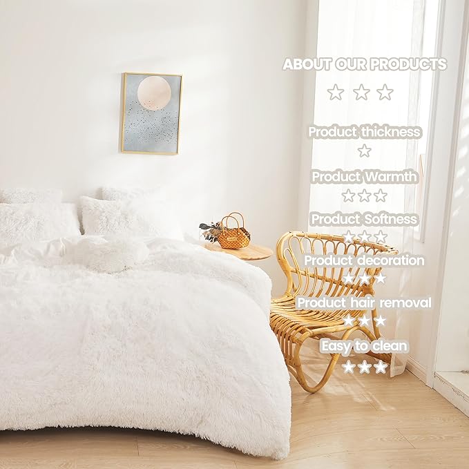 FOPPA Luxury Faux Fur Comforter Cover Set Ultra Soft Plush Bedding Sets 3 Pieces (1 Faux Fur Duvet Cover + 2 Faux Fur Pillow case) Zipper (White, Queen) - LeafyLoom