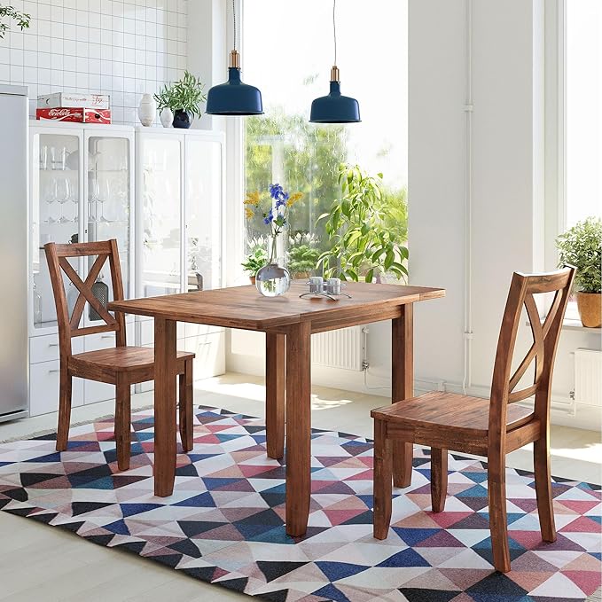 Dining Room Table Set for 2, 3-Piece Wood Kitchen Table Set with Drop Leaf and 2 X-back Chairs, Breakfast Nook Dining Table Set for Small Place, Brown - LeafyLoom