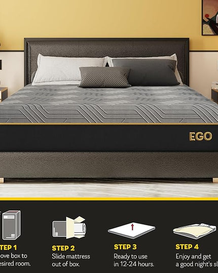 EGOHOME Hybrid Full Mattress 12 Inch, Cooling Gel Mattress, Comfort Foam & Pocket Spring Bed in a Box, Targeted Support Pressure Relief Mattres, CertiPUR-US Certified, Made in USA, 54x75x12 Black - LeafyLoom