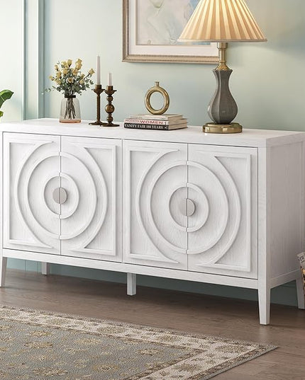 Retro Sideboard with Circular Groove Design Round Metal Door Handle,Wooden Buffet Cabinet,W/Adjustable Shelves & Open Countertop,for Entrance Living Dinning Room,White, 60" - LeafyLoom