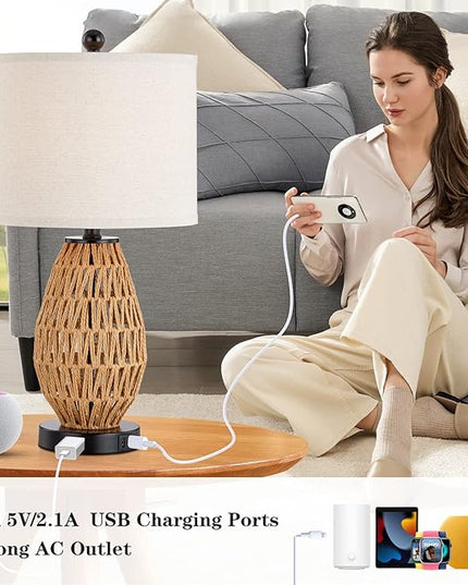 Touch Control Rattan Table Lamps, 3 Way Dimmable Bedside Lamps for Bedroom Set of 2 with 2 USB Ports and AC Outlet, Wicker Nightstand Lamps for Living Room (LED Bulbs Included) - LeafyLoom
