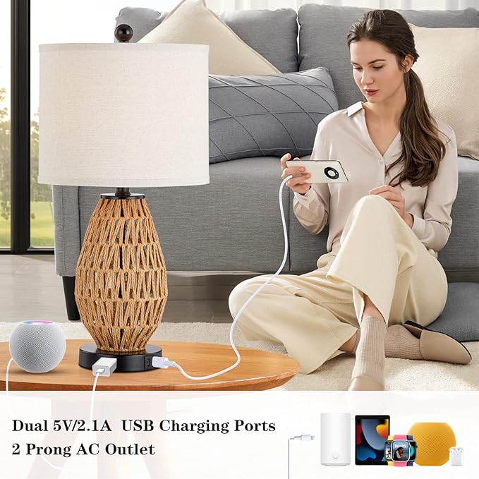 Touch Control Rattan Table Lamps, 3 Way Dimmable Bedside Lamps for Bedroom Set of 2 with 2 USB Ports and AC Outlet, Wicker Nightstand Lamps for Living Room (LED Bulbs Included) - LeafyLoom