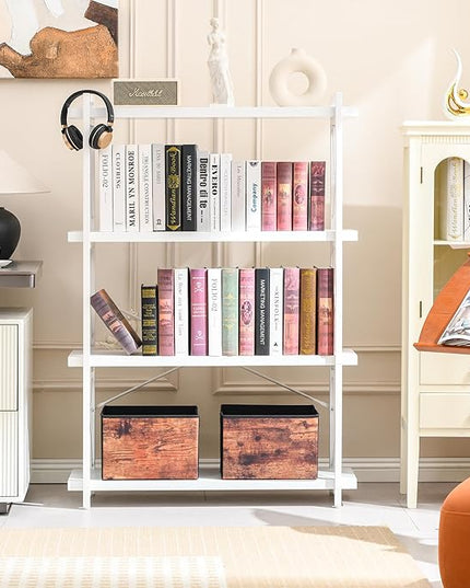 HCHQHS Bookshelf, 4-Tier Industrial Bookcase, White Open Book Shelf, Freestanding Tall Bookshelves with Metal Frame - LeafyLoom