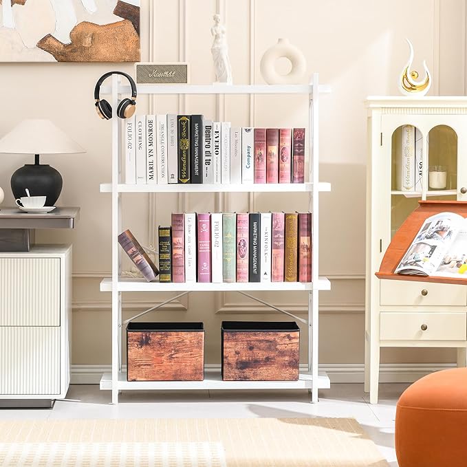 HCHQHS Bookshelf, 4-Tier Industrial Bookcase, White Open Book Shelf, Freestanding Tall Bookshelves with Metal Frame - LeafyLoom
