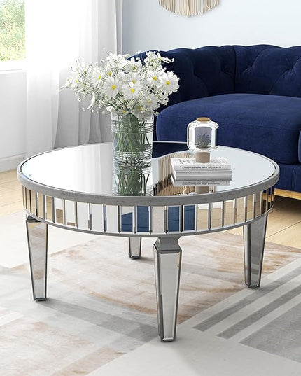 Mirrored Coffee Table - Round Glass Coffee Table with Highly Reflective Mirror - Retro Style - Easy Assembly - Traditional Silver Frame - 31.5 Inch Diameter - Ideal for Living Room - LeafyLoom