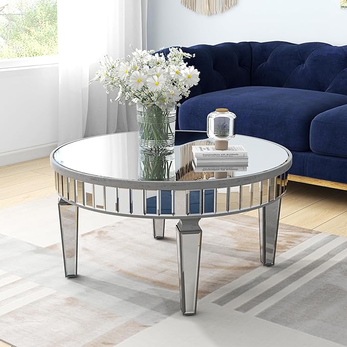 Mirrored Coffee Table - Round Glass Coffee Table with Highly Reflective Mirror - Retro Style - Easy Assembly - Traditional Silver Frame - 31.5 Inch Diameter - Ideal for Living Room - LeafyLoom