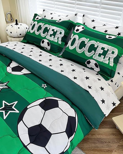 7 Piece Boys Soccer Comforter Set Twin Size Bed in A Bag 3D Football Playground Sports Bedding Set for Kids Microfiber Comforter All Season Green - LeafyLoom