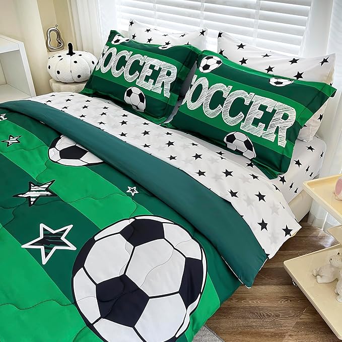 7 Piece Boys Soccer Comforter Set Twin Size Bed in A Bag 3D Football Playground Sports Bedding Set for Kids Microfiber Comforter All Season Green - LeafyLoom