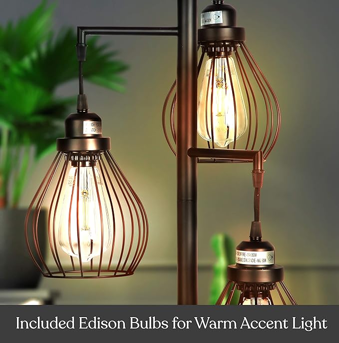 Brightech Teardrop LED Floor Lamp – Tree Standing Lamp with 3 Elegant Cage Heads & Edison Bulbs – Standing Lamp for Living Rooms & Offices – Tall Standing Lamp Ideal for Bedroom Reading – Black - LeafyLoom