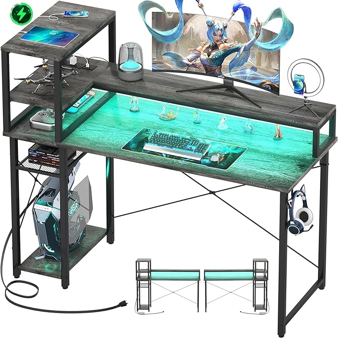 47" Gaming Desk with Storage, Computer Desk with LED Lights, Home Office Desk with Adjustable Shelves & Power Outlets, Gaming Computer Desk with Long Monitor Stand - LeafyLoom