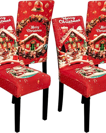 4PCS Christmas Dining Chair Covers Stretch Removable Washable Dining Room Chair Protector Slipcovers Santa Claus House Wreaths Kitchen Chair Cover Slipcover Protector for Xmas Holiday Party Home Décor CZL