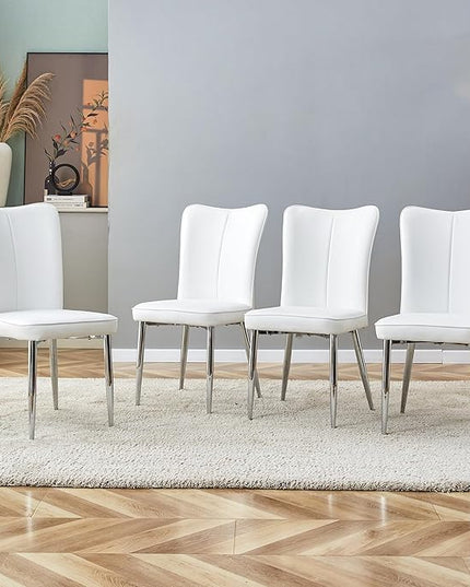 Modern Dining Chairs Set of 4, PU Leather Seat Cushions White Dining Room Chair, with Silver Metal Legs Kitchen Chair for Home Living Room, Restaurant - LeafyLoom
