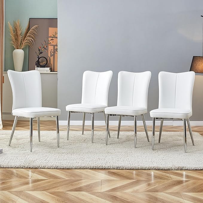 Modern Dining Chairs Set of 4, PU Leather Seat Cushions White Dining Room Chair, with Silver Metal Legs Kitchen Chair for Home Living Room, Restaurant - LeafyLoom