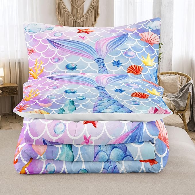 NINENINE Mermaid Bedding Sets,Girls Comforter Sets Queen, Princess Bedding Queen,Mermaid Comforter Ocean Fish Scales Bedding Sets with 1 Comforter 2Pillowcases - LeafyLoom