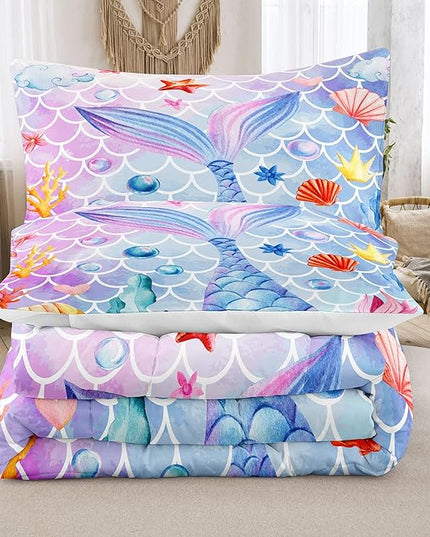 NINENINE Mermaid Bedding 5PCS Twin Size Glitter Comforter Set Princess Toddler Bedding Sets for Girls (1Comforter, 1Flat Sheet, 1Fitted Sheet, 2Pillowcases)… - LeafyLoom