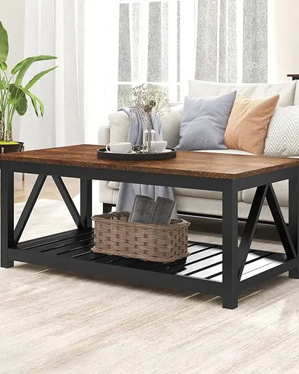 ChooChoo Black Coffee Table, Rustic Vintage Table with Shelf for Living Room, 40 Inch - LeafyLoom
