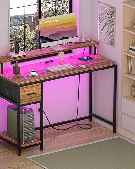 GreenForest Computer Desk with Drawers 47 inch,Gaming Desk with LED Lights & Power Outlets Small Desk with Monitor Stand and Reversible Shelf,Walnut - LeafyLoom