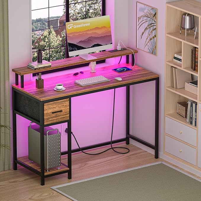 GreenForest Computer Desk with Drawers 39 inch,Gaming Desk with LED Lights & Power Outlets Small Desk with Monitor Stand and Reversible Shelf,Walnut - LeafyLoom