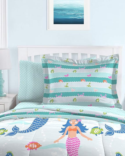 dream FACTORY Kids Twin Bedding Bundle with Unicorn Rainbow and Mermaid Dreams Comforters, Sheets and Shams (5-Piece Sets) - LeafyLoom