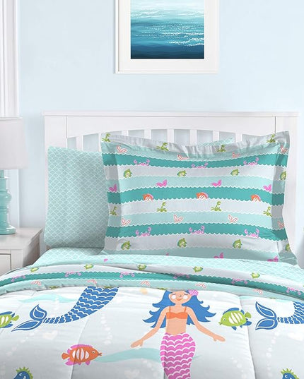 dream FACTORY Kids 5-Piece Complete Set Easy-Wash Super Soft Microfiber Comforter Bedding, Twin, Light Blue Mermaid Dreams - LeafyLoom