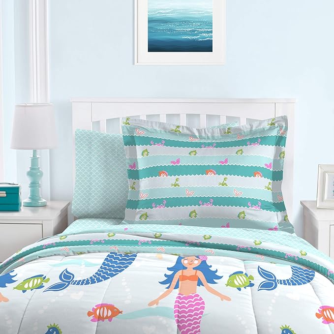 dream FACTORY Kids 5-Piece Complete Set Easy-Wash Super Soft Microfiber Comforter Bedding, Twin, Light Blue Mermaid Dreams - LeafyLoom