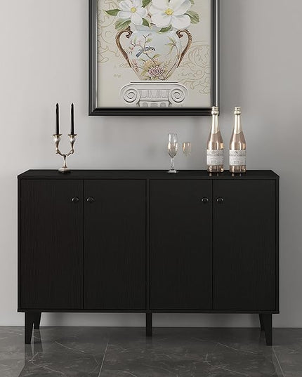 Panana Sideboard Buffet Cabinet Kitchen Storage Cabinet Living Room 4 Doors Console Table (Black) - LeafyLoom