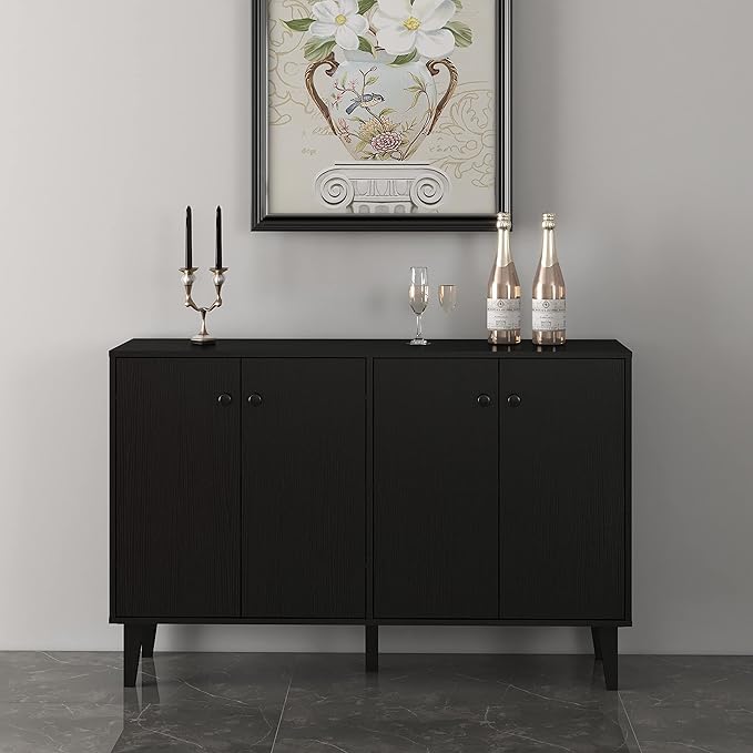 Panana Sideboard Buffet Cabinet Kitchen Storage Cabinet Living Room 4 Doors Console Table (Black) - LeafyLoom