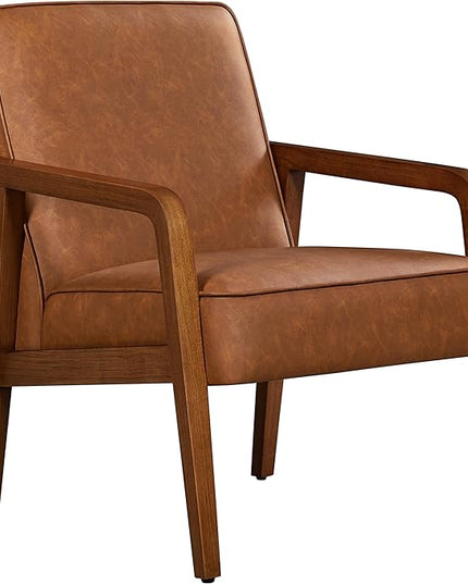 Yaheetech PU Leather Accent Chair, Mid-Century Modern Barrel Chair with Wooden Frame and Soft Thick Padded for Living Room Bedroom Home Office, Light Brown - LeafyLoom