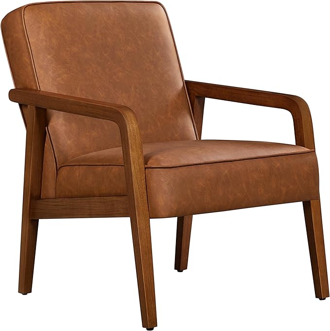 Yaheetech PU Leather Accent Chair, Mid-Century Modern Barrel Chair with Wooden Frame and Soft Thick Padded for Living Room Bedroom Home Office, Light Brown - LeafyLoom