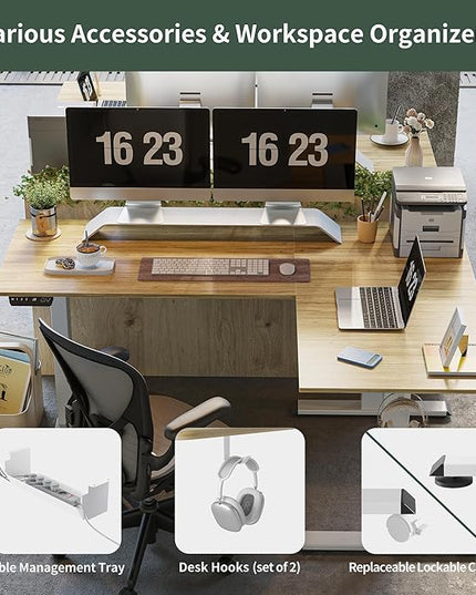 FEZIBO Triple Motor L-Shaped Electric Standing Desk, 63 Inches Height Adjustable Stand up Corner Desk, Sit Stand Workstation with Splice Board, White Frame/Natural Top - LeafyLoom