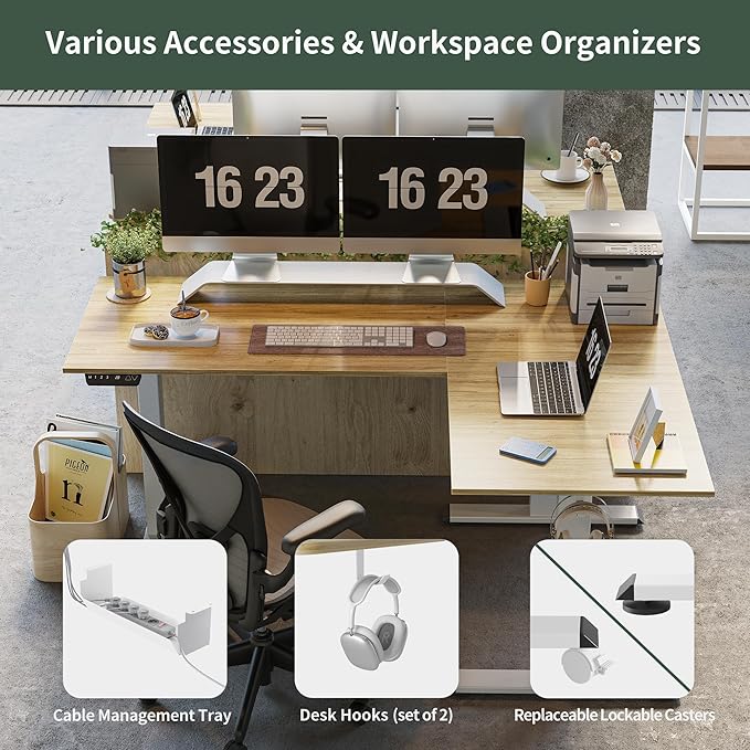 FEZIBO Triple Motor L-Shaped Electric Standing Desk, 63 Inches Height Adjustable Stand up Corner Desk, Sit Stand Workstation with Splice Board, White Frame/Natural Top - LeafyLoom