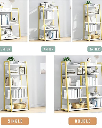 IOTXY 5 Tier Open Bookshelf - Steel and Wood Display Stand, 50CM Width Floor-Standing Bookcase, Gold - LeafyLoom