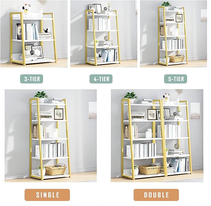 IOTXY 5 Tier Open Bookshelf - Steel and Wood Display Stand, 50CM Width Floor-Standing Bookcase, Gold - LeafyLoom