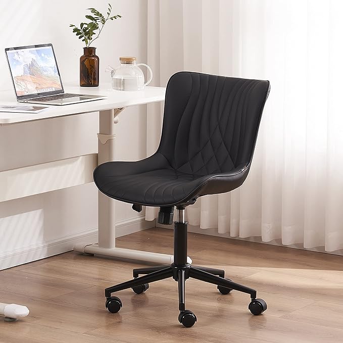 YOUTASTE Office Chair Modern Armless Desk Chair with Wheels, Adjustable Swivel Rolling Computer Task Chair, Faux Leather Sewing Chairs, Ergonomics Rocking Home Gaming Lounge Vanity Chairs, Black - LeafyLoom