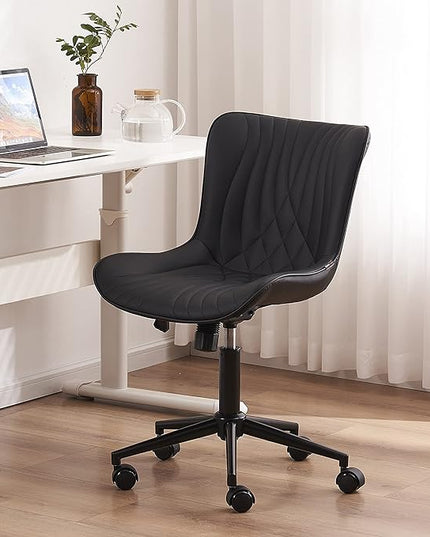YOUNIKE Office Chair, Armless Desk Chair with Wheels, Home Office Computer Task Chairs, Modern Faux Leather Padded Vanity Chair, Adjustable Swivel Rocking Chair with Back, Black - LeafyLoom